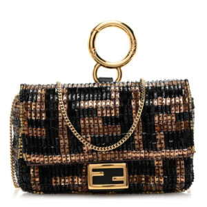 FENDI Nano Baguette Charm with Brown Beads FF Zucca Embroidery