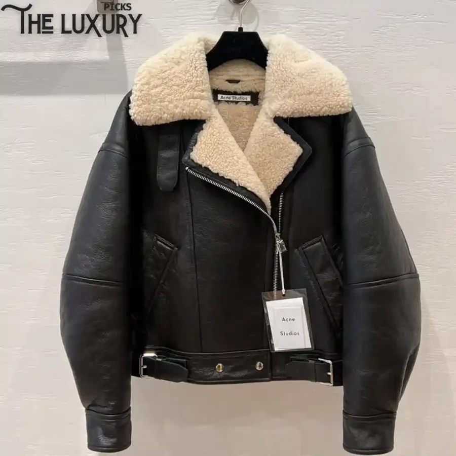 Acne Studios Leather shearling jacket Dark brown/beige