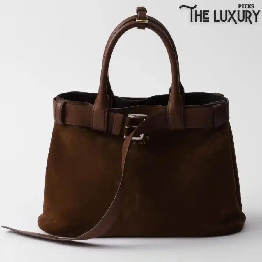 Medium Prada Cocoa Brown Buckle suede bag with belt