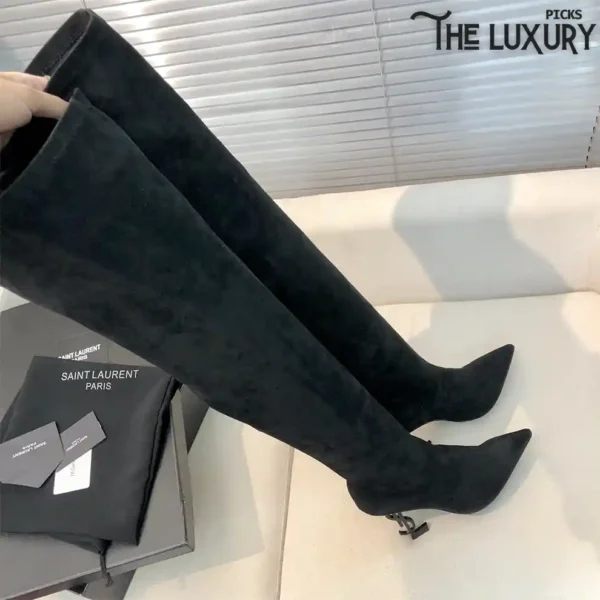 YSL Letter-Heel Pointed High-Heel Boots Black Velvet Leather