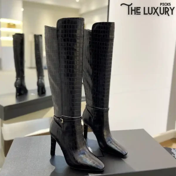 YSL Women’s Leather Long Boots with a strap black